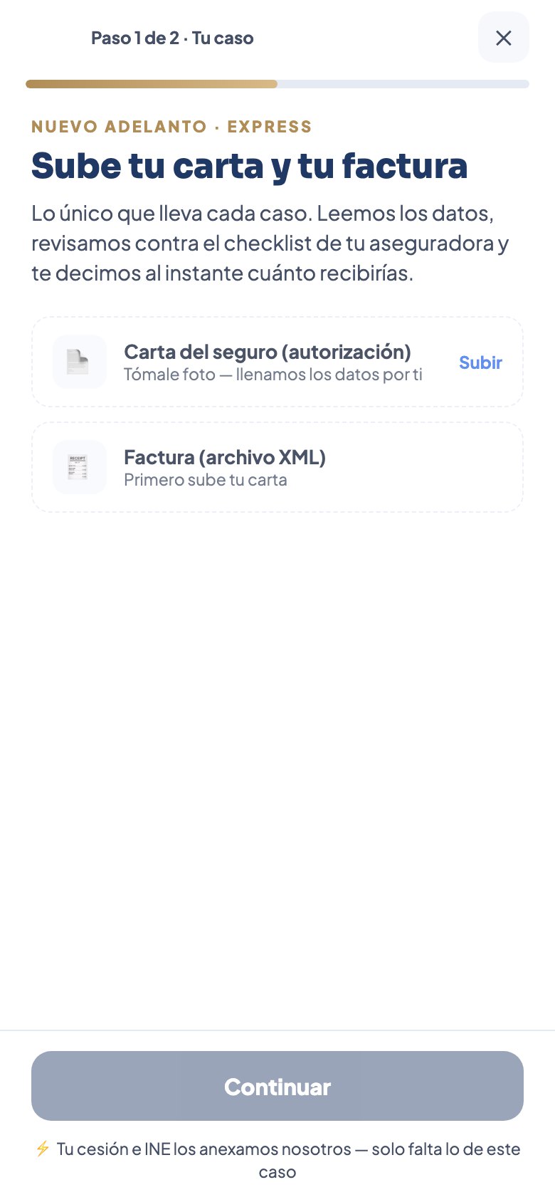Pantalla para subir la carta de autorización y la factura